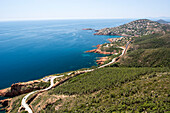 View of the quarter of Antheor, part of the town of Saint-Raphael and the Mediterranean Sea, Esterel massif, Cote d’Azur, Provence-Alpes-Cote d’Azur region, France