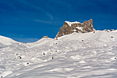 The Carschina Hut on the left, right the summits of the Drusenfluh, Raetinkon, Grison Alps, canton of Grison, Switzerland