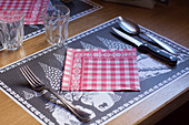 A typically Swiss place setting, Diablerets Hut, Vaud Alps, canton of Vaud, Switzerland