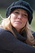 Young woman wearing black knitted cap, Bavaria, Germany