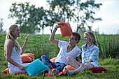 Young people having a picnic in a green field, Krautinsel, Chiemsee, Bavaria, Germany