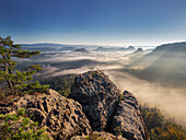 View from Gleitmannshorn over the small Zschand with fog in the morning sun and rocks in the foreground, Little Winterberg, National Park Saxon Switzerland, Saxony, Germany
