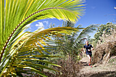 Junger Mann joggt über einen Pfad, Dominica, Kleine Antillen, Karibik