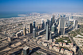 View across skyline from At The Top observation deck on level 124 of Burj Khalifa tower, Dubai, Dubai, United Arab Emirates