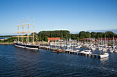 Viermastbark Passat (mittlerweile ein Museumsschiff) und Segelboote in der Marina vom Priwallhafen, Travemünde, Schleswig-Holstein, Deutschland, Europa