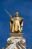 Gilded statue on bridge over Blinde Ezelstraat, Bruges (Brugge), Flemish Region, Belgium