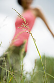 Frau geht durch ein Feld, Fokus auf hohes Gras im Vordergrund, flacher Blickwinkel