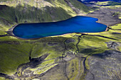 Luftbild (Aerial) von Kratersee Herbjarnarfellsvatn nahe  Landmannahellir, Fjallabak, Hochland, Südisland, Island, Europa