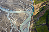 Aerial view of street to Landmannalaugar at a river Tungnaa, highlands, South Iceland, Iceland, Europe