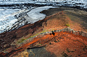 Aerial view of a shadow of an airplane flying over volcano Katla, glacier Myrdalsjokull, Highlands, South Iceland, Iceland, Europe