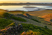 Sunrise over steppe and mountain landscape, Tuzkoel Salt Lake, Tuzkol, Tien Shan, Tian Shan, Almaty region, Kazakhstan, Central Asia, Asia