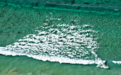 Surfer im Atlantik, Strand Playa de Torimbia, Niembro, Barro, Golf von Biskaya, Costa Verde, Asturien, Spanien