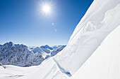 snow cornice, Zugspitze, Hochwanner and Gatterl in the background, Upper Bavaria, Germany