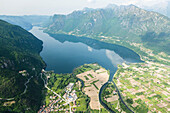 Aerial picture of Lake Idro with Baitoni and Ponte Caffaro, Lombardia, Trentino, Italy