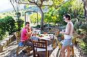 breakfast on the terrace, finca, holiday, MR, Soller, Serra de Tramuntana, Majorca, Balearic Islands, Spain, Europe