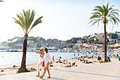 beach seafront with palm trees, Mediterranean Sea, Port de Soller, Serra de Tramuntana, Majorca, Balearic Islands, Spain, Europe