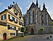 Gelbes Haus and castle church, Meisenheim, Administrative district of Bad Kreuznach, Region of Nahe-Hunsrueck, Rhineland-Palatinate, Germany, Europe