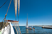 View from sailing boat, Hanseatic City, Luebeck Travemuende, Baltic Coast, Schleswig-Holstein, Germany