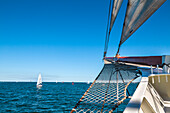View from sailing boat, Hanseatic City, Luebeck, Travemuende, Baltic Coast, Schleswig-Holstein, Germany