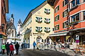 Shopping street in the old town Vorderstadt in Kitzbuehel, Tyrol, Austria, Europe