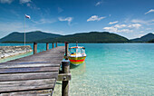 Lifeboat of BRK Wasserwacht at lake Walchensee at the dock, Walchensee, Bavaria, Germany