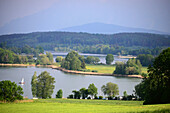 View over lake Tachinger and Waginger, Rupertiwinkel, Chiemgau, Upper Bavaria, Bavaria, Germany