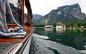 Ship on lake Koenigssee near Santa Bartholomae, Berchtesgaden, Upper Bavaria, Bavaria, Germany