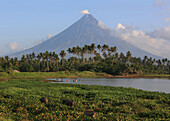 People bathing in a lake, Mayon volcano in the background, Legazpi, Philippines, Asia