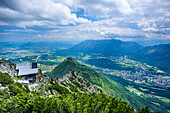 Hut Reichenhaller Haus at Hochstaufen with view to valley of Sal, hut Reichenhaller Haus, Hochstaufen, Chiemgau Alps, Chiemgau, Upper Bavaria, Bavaria, Germany