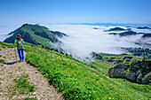 Woman hiking descending on ridge, fog in background, Hochgrat, Nagelfluh range, Allgaeu Alps, Allgaeu, Svabia, Bavaria, Germany