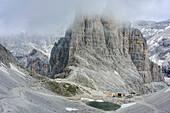 Vajolettürme mit Gartlhütte, Rosengartengruppe, UNESCO Weltnaturerbe Dolomiten, Dolomiten, Trentino, Italien