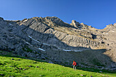 Frau beim Wandern steigt über Wiese auf, Fundaistal, Lechtaler Alpen, Tirol, Österreich