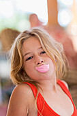 Caucasian girl wearing fake lips, Santa Fe, New Mexico, USA