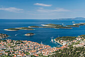 Aerial view of coastal town and islands, Hvar, Split, Croatia, Hvar, Split, Croatia