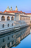 Ornate building reflected in river, Ljubljana, Central Slovenia, Slovenia, Ljubljana, Central Slovenia, Slovenia