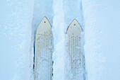 High angle view of skis making tracks in snow, C1
