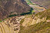 South America, Peru, Cuzco region, Urubamba Province, Inca sacred valley, Pisac, one of the most important archeological site in the valley, aerial view