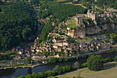 France, Dordogne (24), Beynac-et-Cazenac town labeled the most beautiful villages of France, (aerial view)