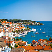 Elevated view over Hvar's picturesque harbour, Stari Grad (Old Town), Hvar, Dalmatia, Croatia, Europe