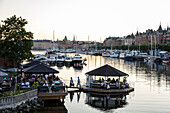 View over the buildings and boats along Strandvagen street, Stockholm, Sweden, Scandinavia, Europe