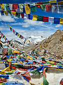 Prayer flags at Khardung La mountain pass. the highest road pass in the world, Ladakh, Himalayas, India, Asia