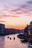 The Grand Canal and gondolas at twilight, Venice, UNESCO World Heritage Site, Veneto, Italy, Europe
