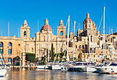 Vittoriosa waterfront wharf, St. Lawrence's Church, Dockyard Creek, Birgu, The Three Cities, Valletta, Malta, Mediterranean, Europe