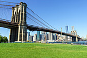 Brooklyn Bridge and Lower Manhattan skyscrapers including One World Trade Center, New York City, New York, United States of America, North America