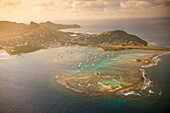 Aerial of Union Island at sunset, The Grenadines, St. Vincent and the Grenadines. Windward Islands, West Indies, Caribbean, Central America