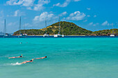 Tourists snorkeling in the turquoise waters of the Tobago Cays, The Grenadines, St. Vincent and the Grenadines, Windward Islands, West Indies, Caribbean, Central America