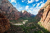 View over the cliffs of the Zion National Park and the Angel's Landing path, Zion National Park, Utah, United States of America, North America