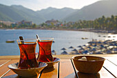 Turkish tea and beach, Icmeler, Marmaris, Anatolia, Turkey, Asia Minor, Eurasia