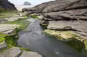 Freshwater stream carving through soft volcanic rocks to reach the sea, Trebarwith Strand, Cornwall, England, United Kingdom, Europe