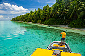 Yellow sundeck of a boat in the Ant Atoll, Pohnpei, Micronesia, Pacific